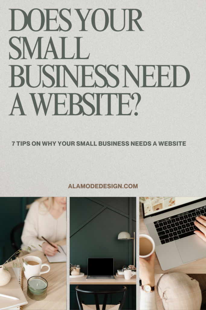 pinterest pin with images of laptop  desk and woman sitting at desk with phone Website For Your small Business