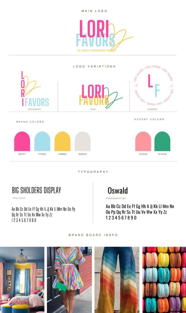 branding kit guide with pinks light blue and yellow